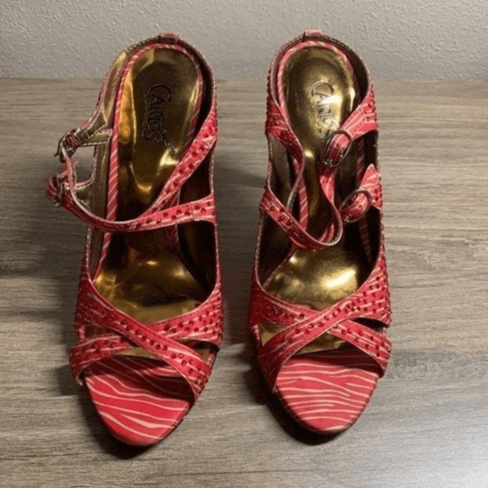 CARLOS SANTANA Red Zebra Rhinestone Stiletto Heeled‎ Sandals Women Size 6